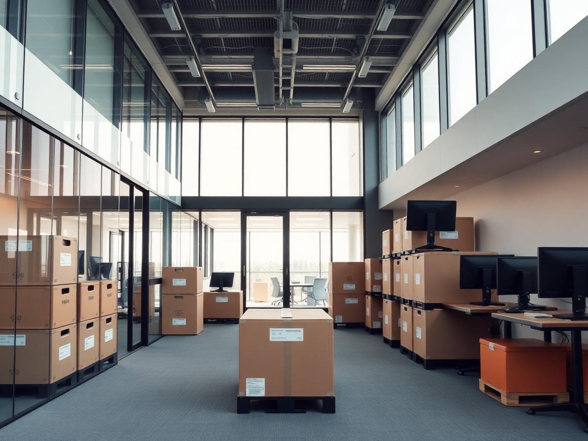 Packed crates and monitors ready for an office relocation