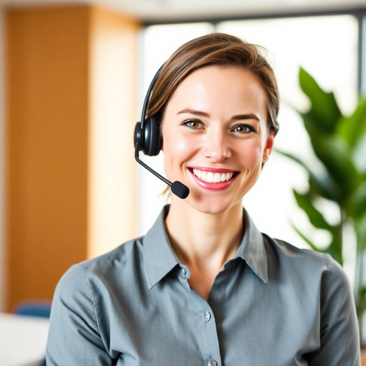 A Greencrest move coordinator wearing a headset in a bright office