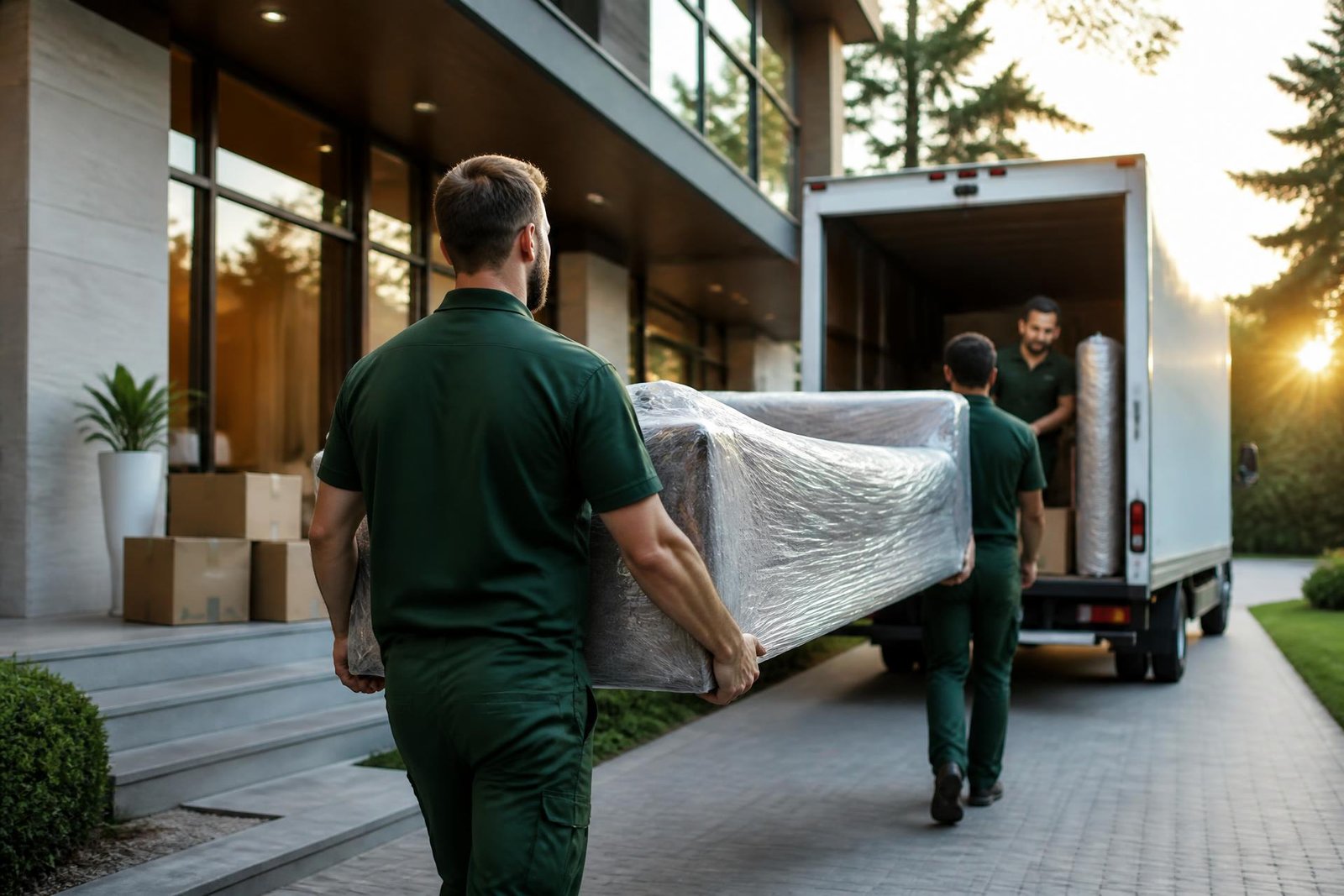 Uniformed movers carrying a wrapped sofa toward a moving truck outside a modern home