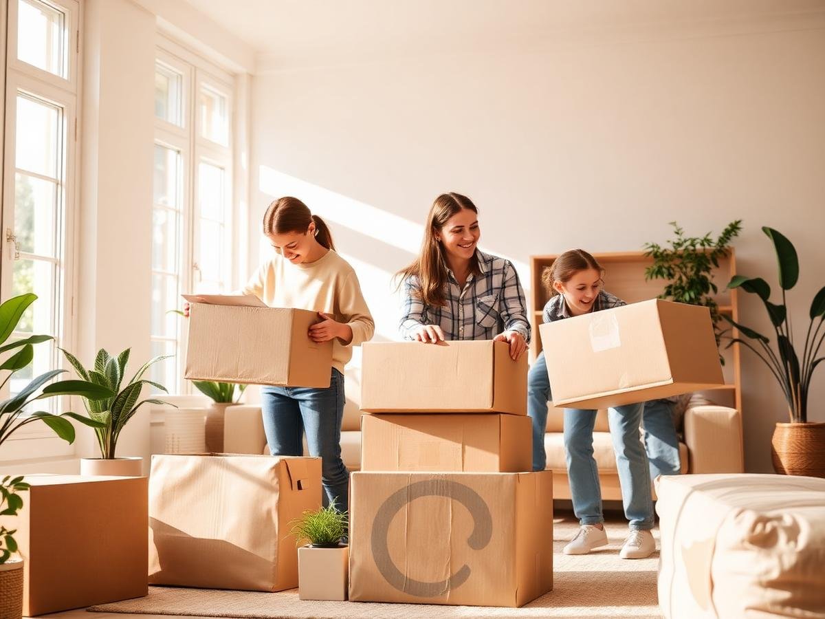 A family unpacking in a sunlit new home