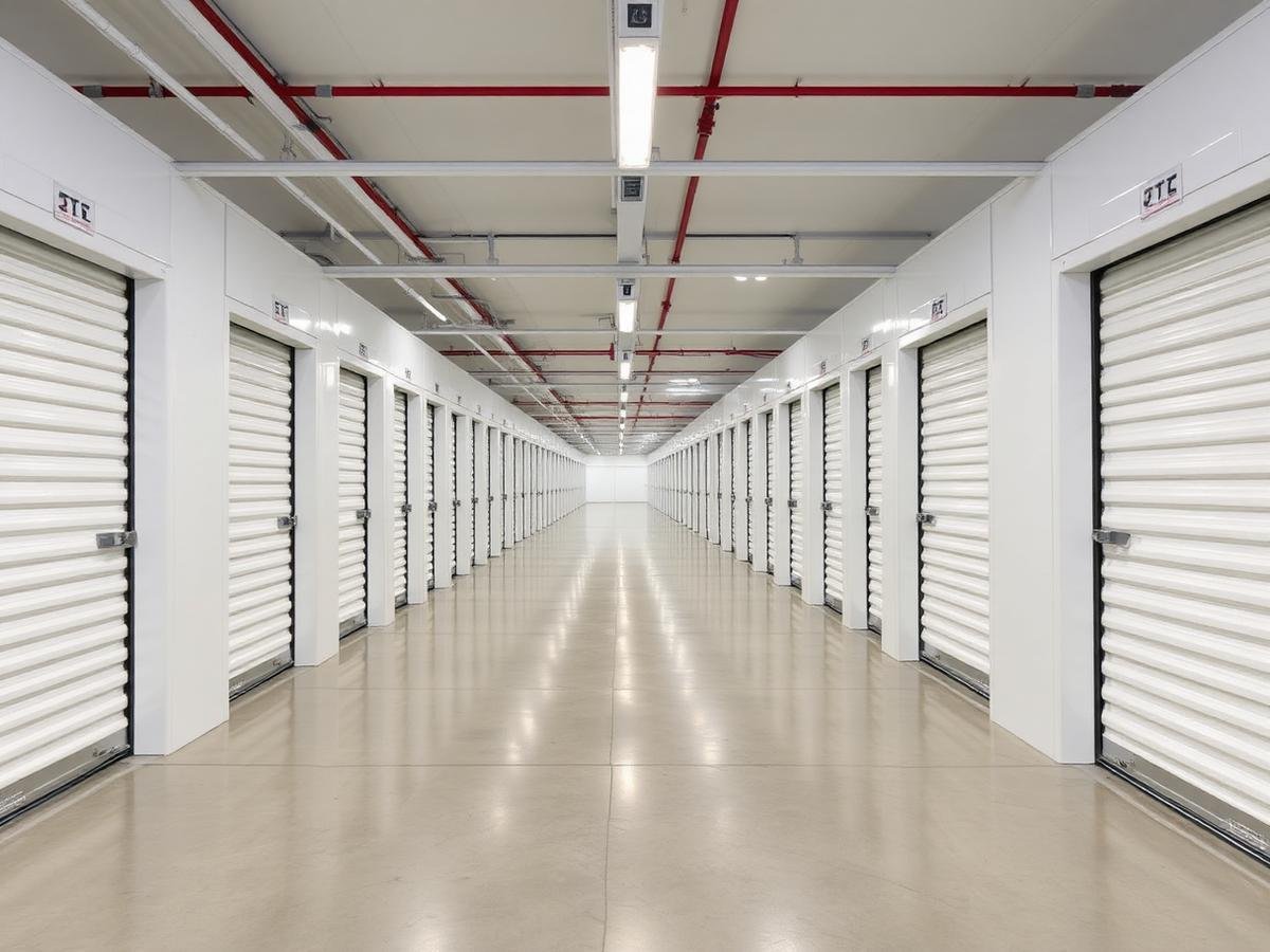 Clean, brightly lit rows of secure storage units